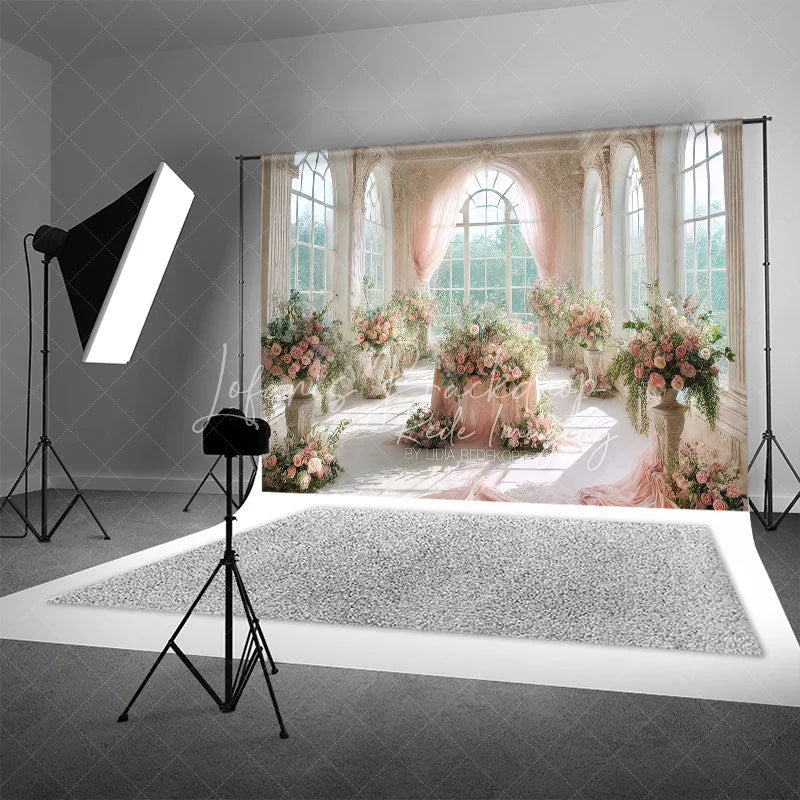 Lofaris Romantic White Castle Wedding Backdrop Pink Curtains and Floral Table Centerpiece Photography Background for Party