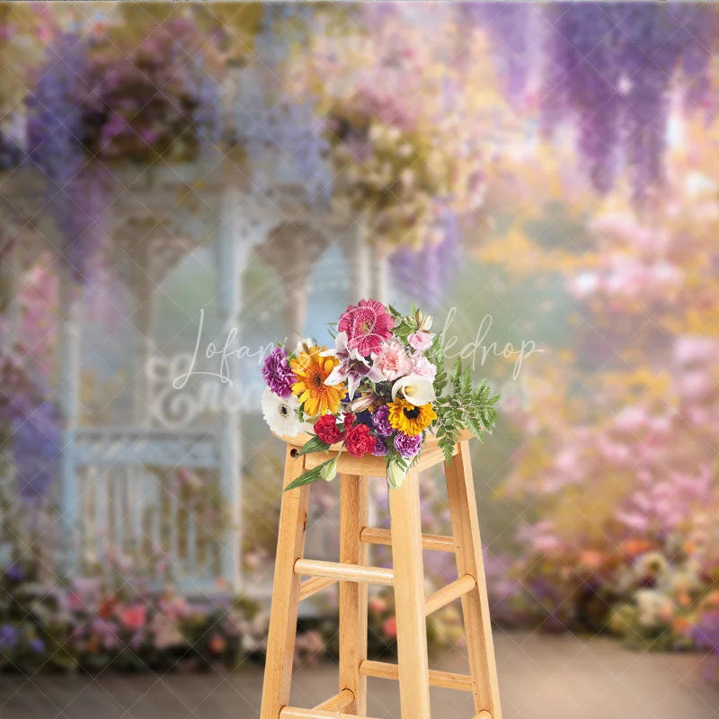 Lofaris Romantic White Gazebo Photography Backdrop Enchanted Garden with Wisteria and Roses Spring Floral Party Decor