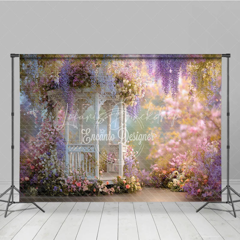 Lofaris Romantic White Gazebo Photography Backdrop Enchanted Garden with Wisteria and Roses Spring Floral Party Decor