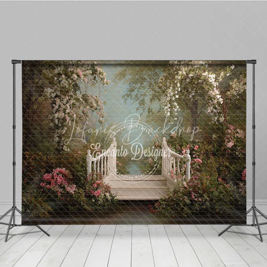 Lofaris Romantic White Wooden Bridge with Pink Flowers Photography Backdrop Enchanted Garden Forest Path for Portraits