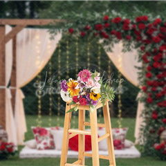 Lofaris Romantic Wooden Arch Photography Backdrop with Red Roses and Greenery Sheer Drapes String Lights for Outdoor Events