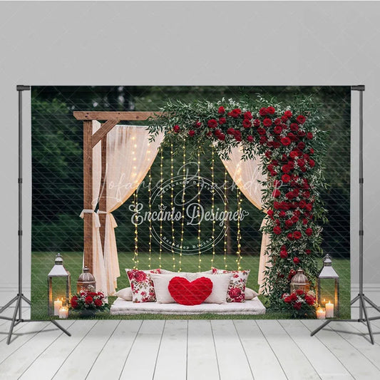 Lofaris Romantic Wooden Arch Photography Backdrop with Red Roses and Greenery Sheer Drapes String Lights for Outdoor Events