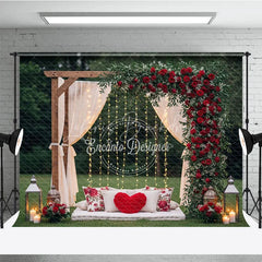 Lofaris Romantic Wooden Arch Photography Backdrop with Red Roses and Greenery Sheer Drapes String Lights for Outdoor Events