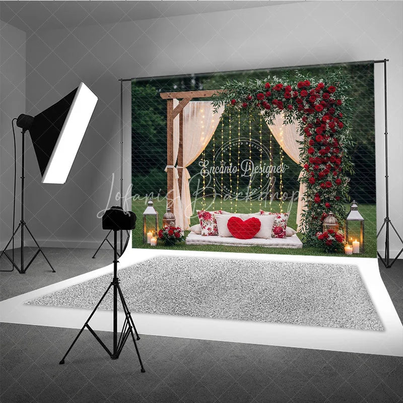 Lofaris Romantic Wooden Arch Photography Backdrop with Red Roses and Greenery Sheer Drapes String Lights for Outdoor Events