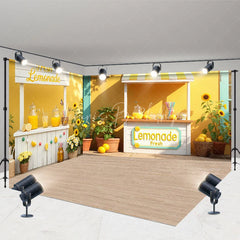 Lofaris Room Set Backdrop Summer Fresh Lemonade Stand with Sunflowers and Bright Yellow Outdoor Party Decor