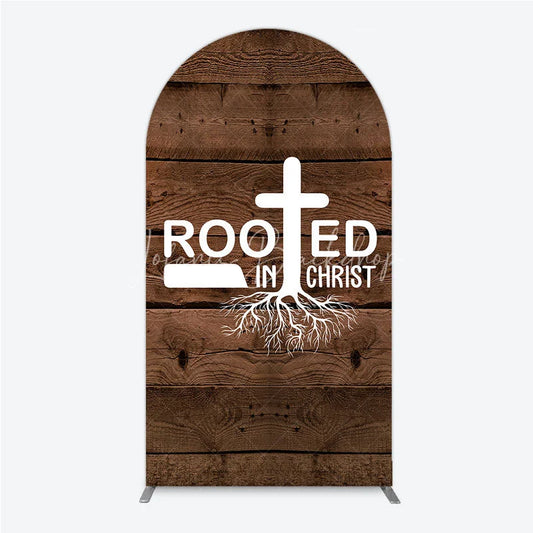 Lofaris Rooted In Christ Religious Holiday Arch Backdrop Dark Wood Texture Cross Party Cover