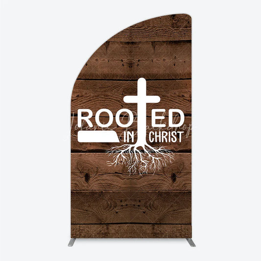 Lofaris Rooted In Christ Religious Holiday Half Moon Arch Backdrop Dark Wood Texture Cross Party Cover