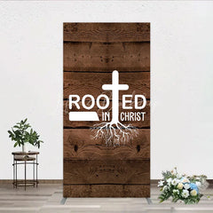 Lofaris Rooted In Christ Religious Holiday Rectangle Backdrop Dark Wood Texture Cross Party Cover