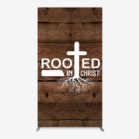 Lofaris Rooted In Christ Religious Holiday Rectangle Backdrop Dark Wood Texture Cross Party Cover