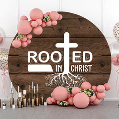 Lofaris Rooted in Christ Round Backdrop Religious Cross with Roots on Rustic Wood Background Christian Celebration Party Decor