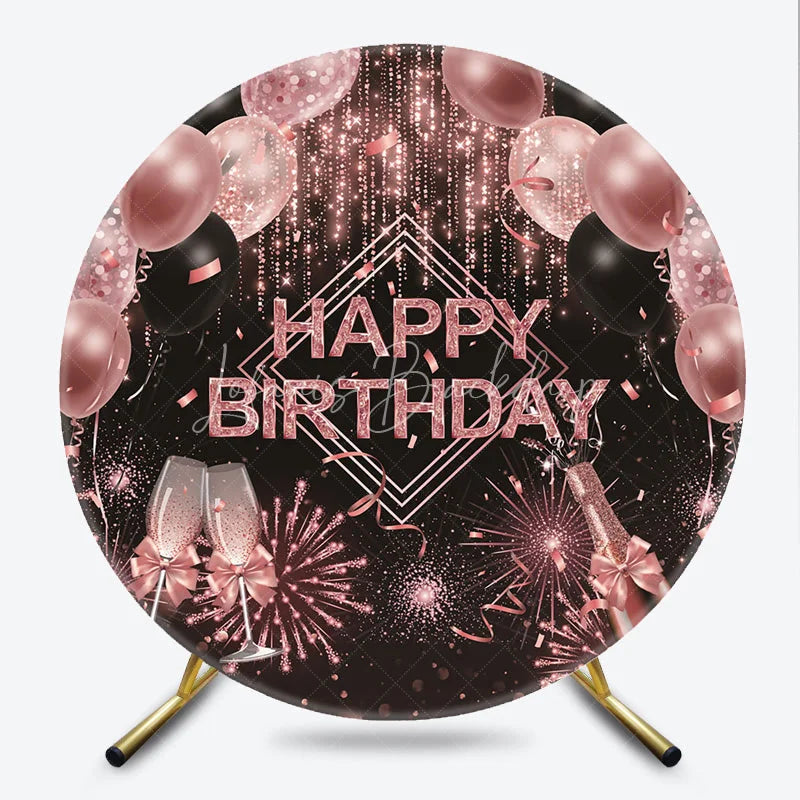 Lofaris Rose Gold Champagne Round Backdrop Happy Birthday Fireworks and Balloons Background Glitter Glamour Party Decor