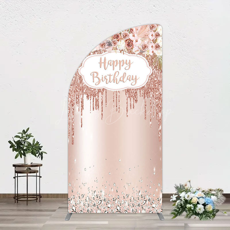 Lofaris Rose Gold Glitter Flowers Birthday Half Moon Arch Backdrop