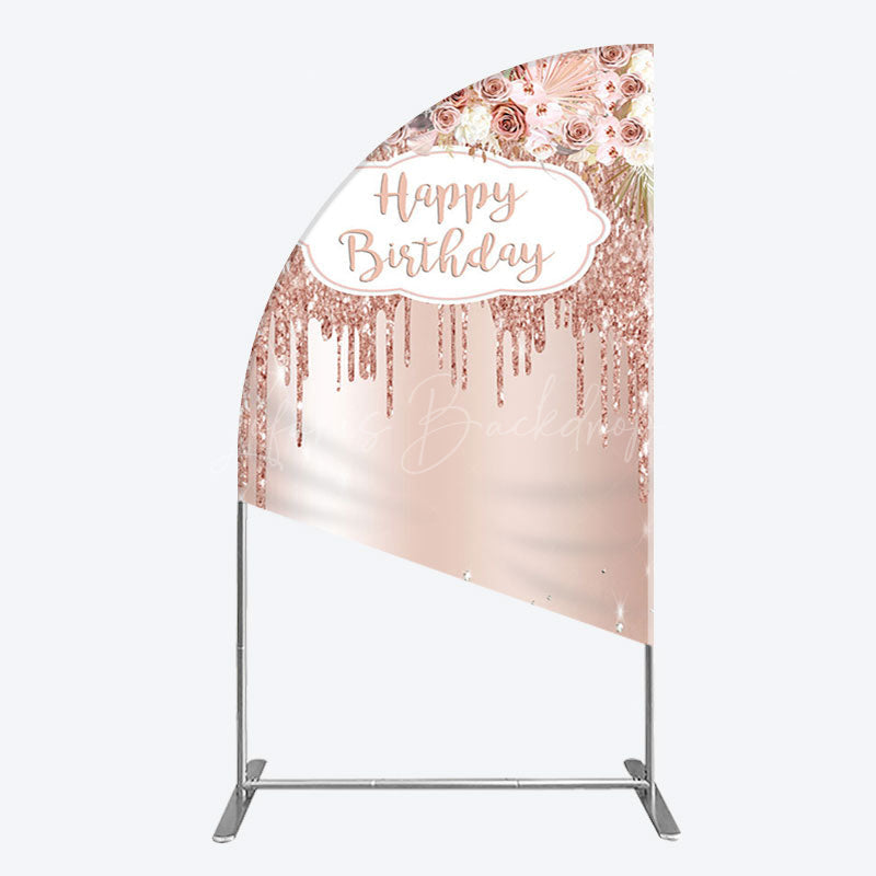 Lofaris Rose Gold Glitter Flowers Birthday Half Moon Arch Backdrop