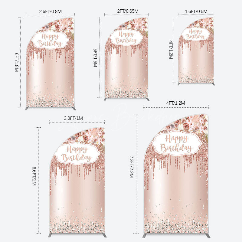 Lofaris Rose Gold Glitter Flowers Birthday Half Moon Arch Backdrop