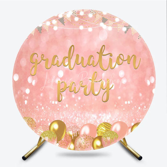 Lofaris Rose Gold Graduation Party Round Backdrop Glitter Balloons and Lights Celebration Decor