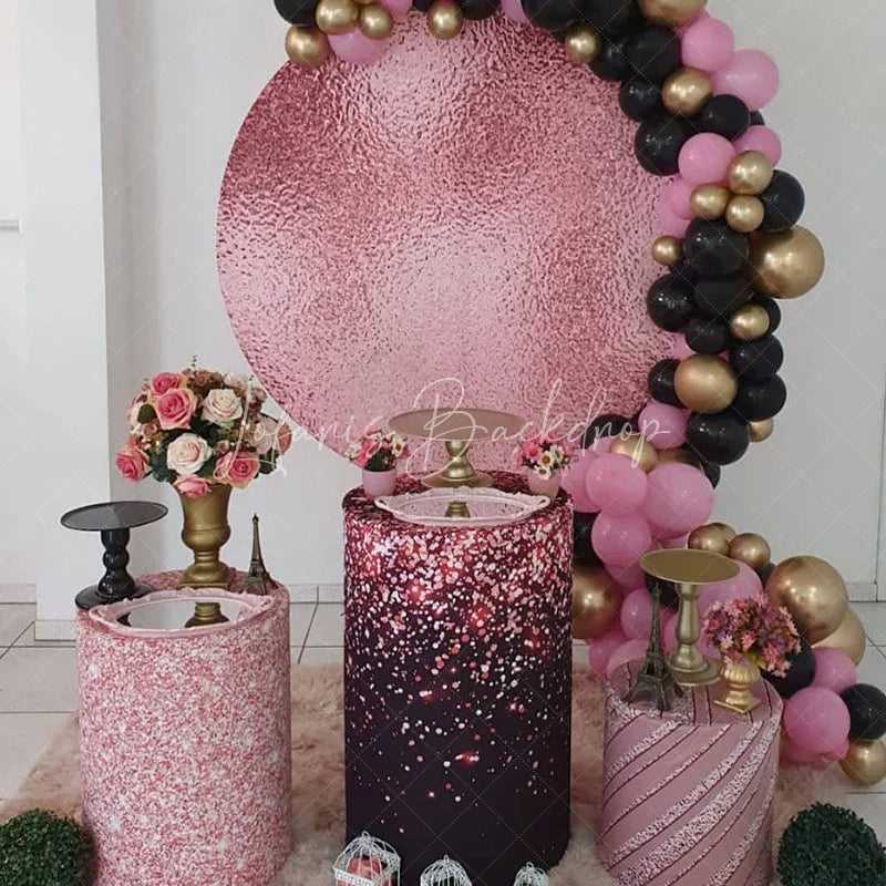 Lofaris Rose Gold Metallic Foil Texture Round Backdrop Kit Elegant Pink Glitter for Birthday Wedding or Bachelorette