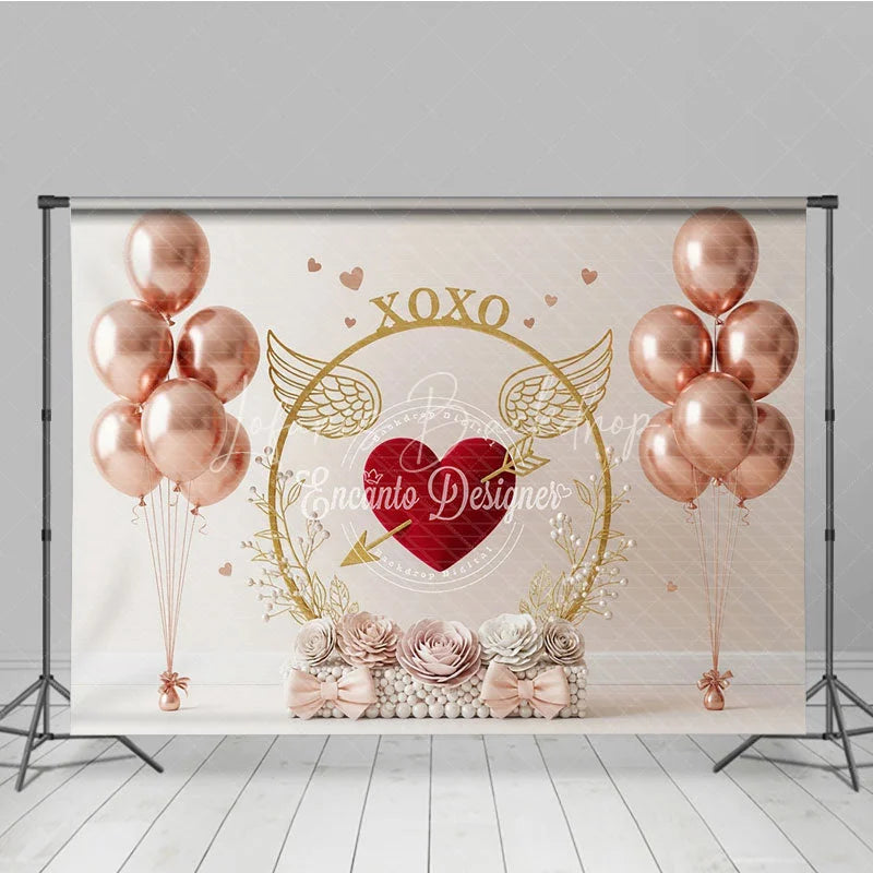 Lofaris Rose Gold Valentine Day Backdrop XOXO Heart Arrow Balloons Floral Background Sweet Love Theme Photography Banner