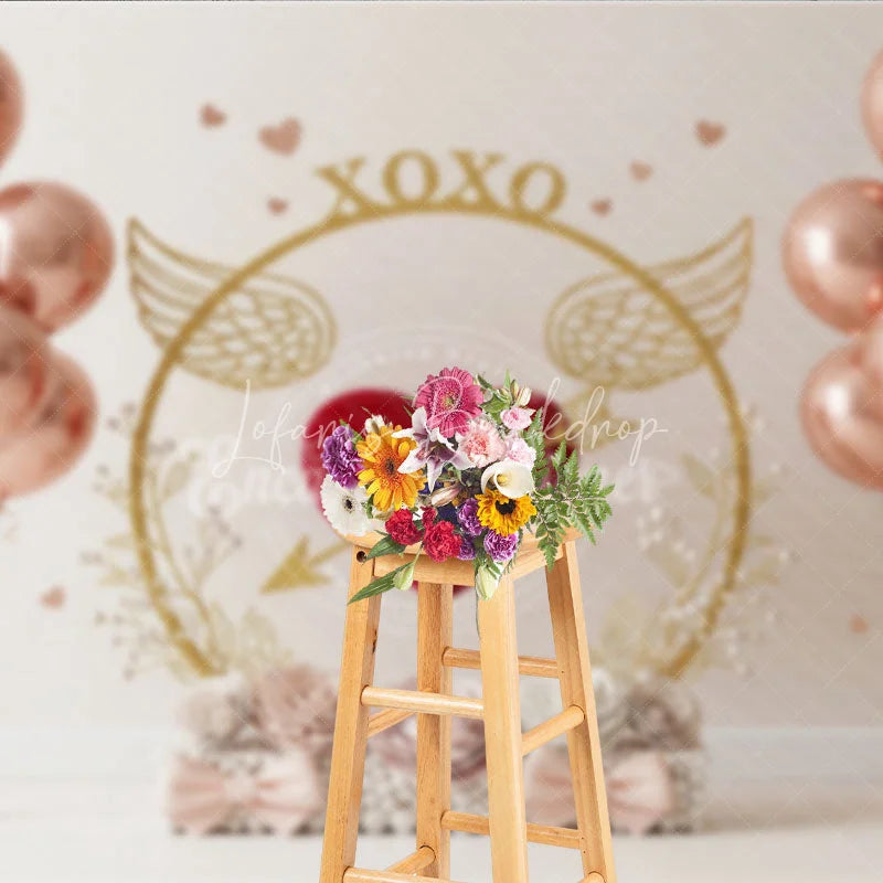 Lofaris Rose Gold Valentine Day Backdrop XOXO Heart Arrow Balloons Floral Background Sweet Love Theme Photography Banner