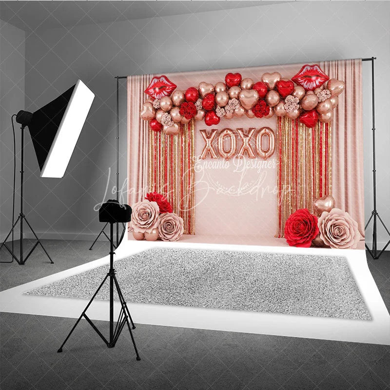 Lofaris Rose Gold XOXO Valentine Day Backdrop Red Lips Foil Balloons Tinsel Curtain Background Party Photography Prop