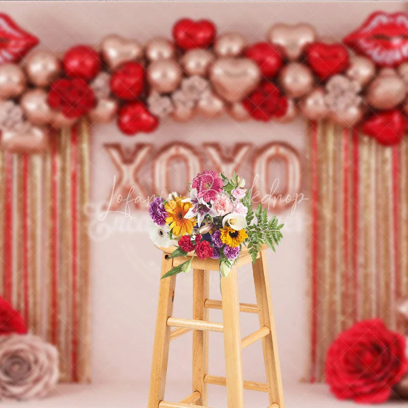 Lofaris Rose Gold XOXO Valentine Day Backdrop Red Lips Foil Balloons Tinsel Curtain Background Party Photography Prop