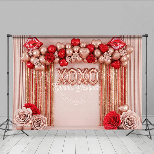 Lofaris Rose Gold XOXO Valentine Day Backdrop Red Lips Foil Balloons Tinsel Curtain Background Party Photography Prop