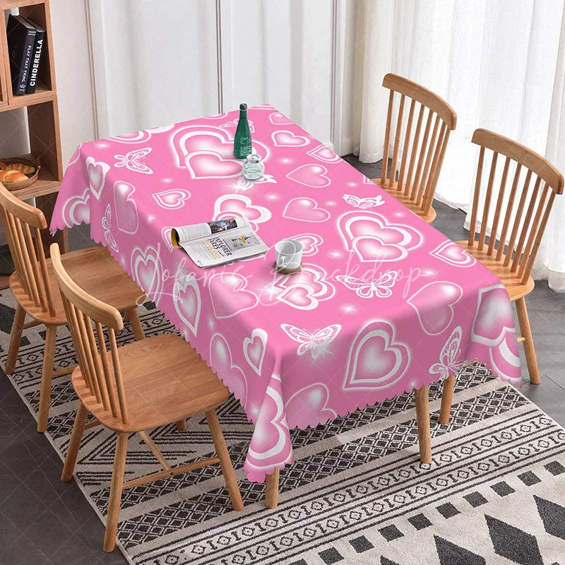 Lofaris Rose Pink Glowing Heart Butterfly Rectangle Tablecloth Soft Pastel Neon Design Romantic Kitchen Dining Decor