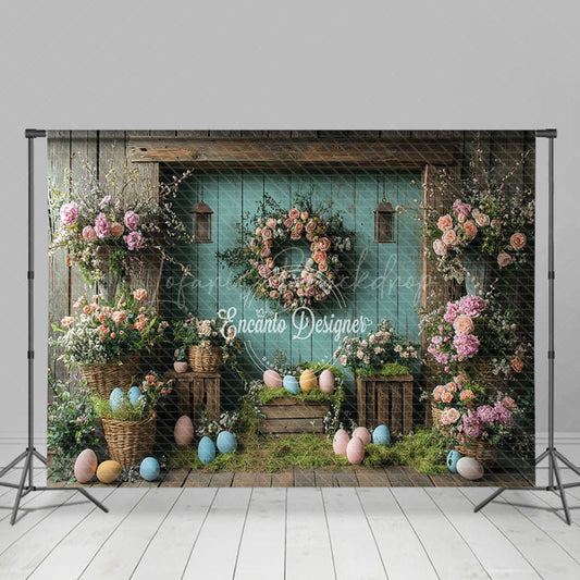 Lofaris Rose Wreath Blue Retro Wood Wall Eggs Easter Backdrop