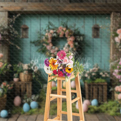 Lofaris Rose Wreath Blue Retro Wood Wall Eggs Easter Backdrop