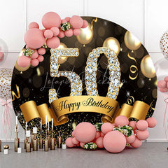 Lofaris Round Backdrop 50th Birthday Gold Diamond Cover Black Balloons Shine Circle Background Adult Milestone Party Decoration