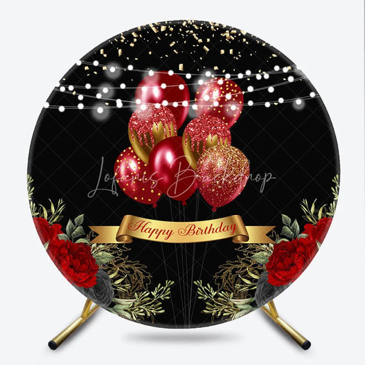 Lofaris Round Backdrop Black and Red Balloons Happy Birthday Roses Floral Circle Cover