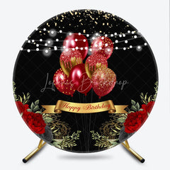 Lofaris Round Backdrop Black and Red Balloons Happy Birthday Roses Floral Circle Cover