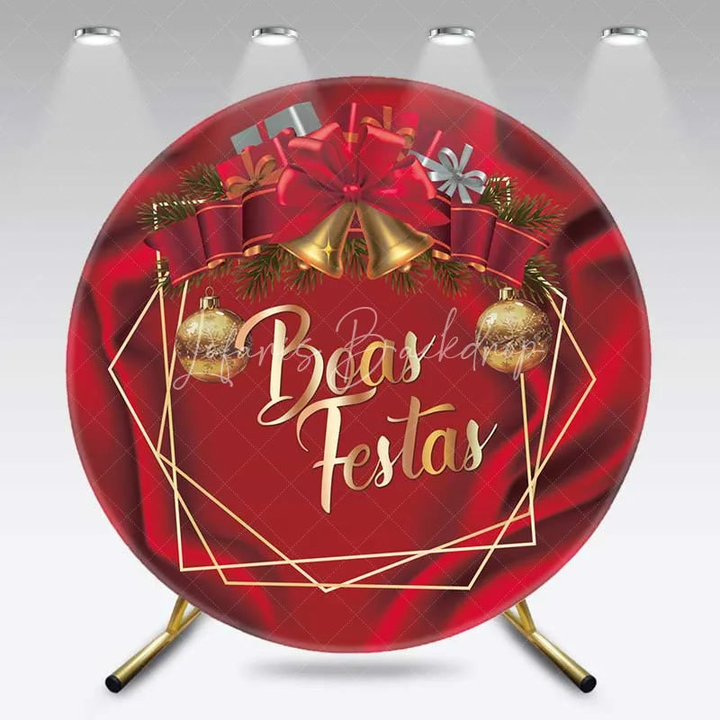 Lofaris Round Backdrop Boas Festas Red Satin Cover Gold Bells and Bow Circle Background Christmas Party Decoration