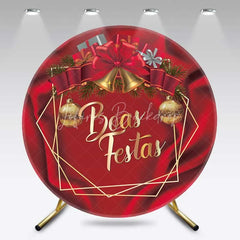 Lofaris Round Backdrop Boas Festas Red Satin Cover Gold Bells and Bow Circle Background Christmas Party Decoration