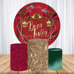Lofaris Round Backdrop Boas Festas Red Satin Cover Gold Bells and Bow Circle Background Christmas Party Decoration