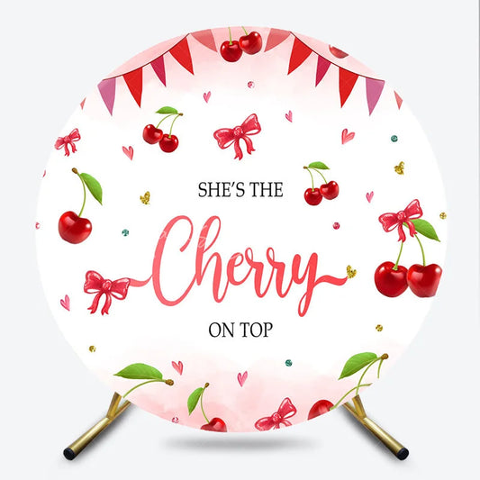 Lofaris Round Backdrop Cherry on Top Baby Shower Sweet Red Fruit Pink Bows Girl Circle Cover