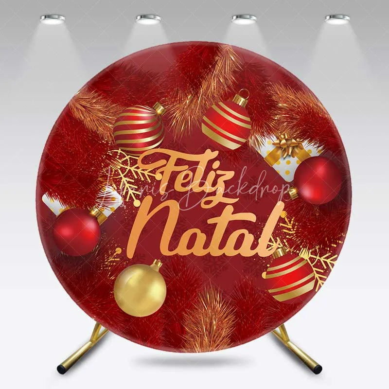 Lofaris Round Backdrop Feliz Natal Red Pine Needles Cover Christmas Ball Ornaments Circle Background Winter Holiday Decor
