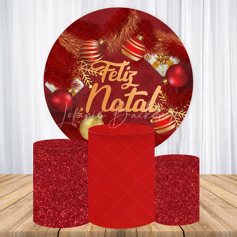 Lofaris Round Backdrop Feliz Natal Red Pine Needles Cover Christmas Ball Ornaments Circle Background Winter Holiday Decor