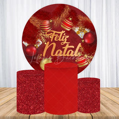 Lofaris Round Backdrop Feliz Natal Red Pine Needles Cover Christmas Ball Ornaments Circle Background Winter Holiday Decor
