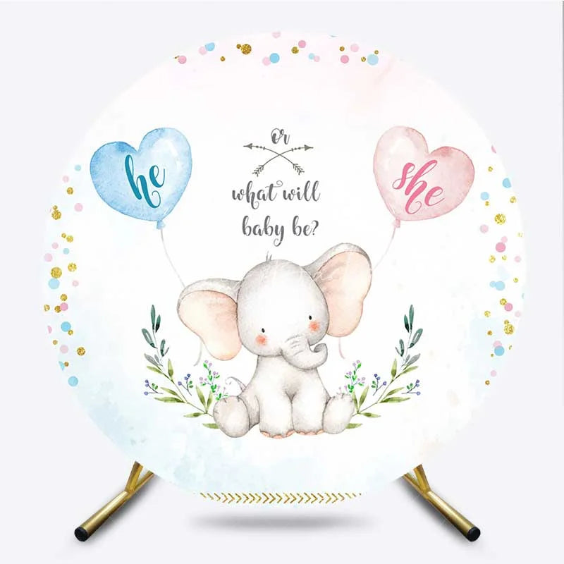 Lofaris Round Backdrop for Gender Reveal Cute Elephant and Pink Blue Heart Balloons What Will Baby Be Party Background