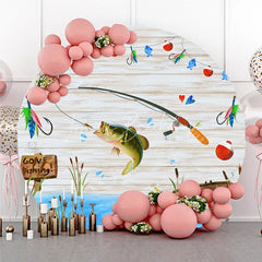 Lofaris Round Backdrop Gone Fishing Theme Baby Shower Bass Fish Wood Planks Party Supplies
