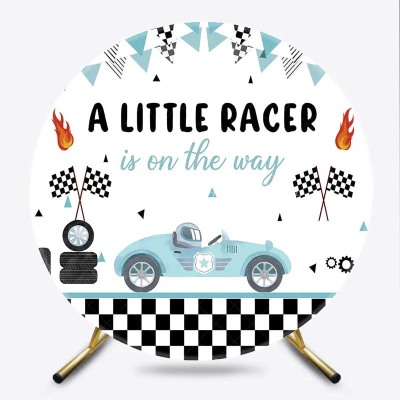 Lofaris Round Backdrop Little Racer Blue Race Car Checkered Flag Baby Shower Circle Cover