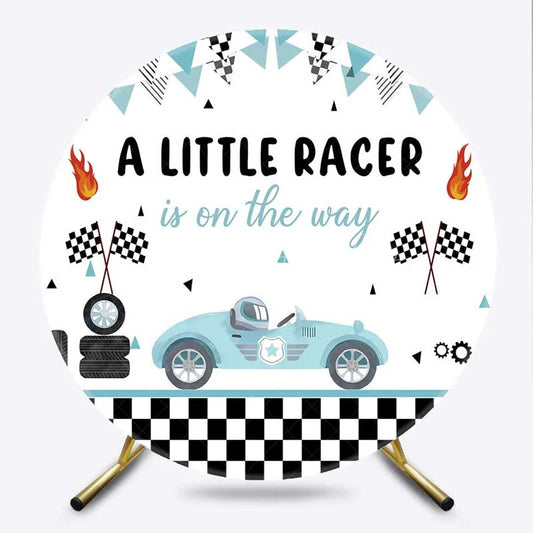 Lofaris Round Backdrop Little Racer Blue Race Car Checkered Flag Baby Shower Circle Cover