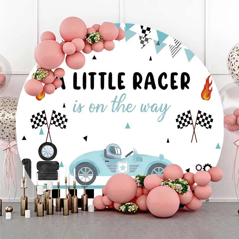 Lofaris Round Backdrop Little Racer Blue Race Car Checkered Flag Baby Shower Circle Cover