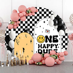 Lofaris Round Backdrop One Happy Dude First Birthday Black White Checkerboard Smiley Face Circle Background Boy Party Prop