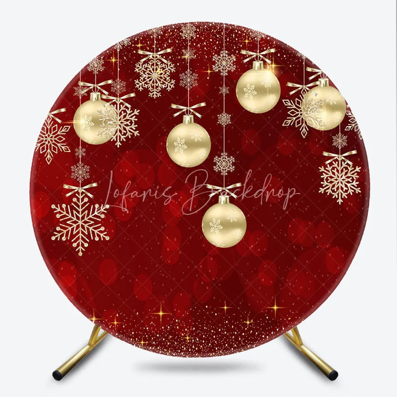 Lofaris Round Backdrop Red Christmas Gold Baubles Winter Xmas Snowflakes Sparkle Circle Cover