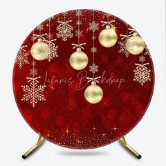 Lofaris Round Backdrop Red Christmas Gold Baubles Winter Xmas Snowflakes Sparkle Circle Cover
