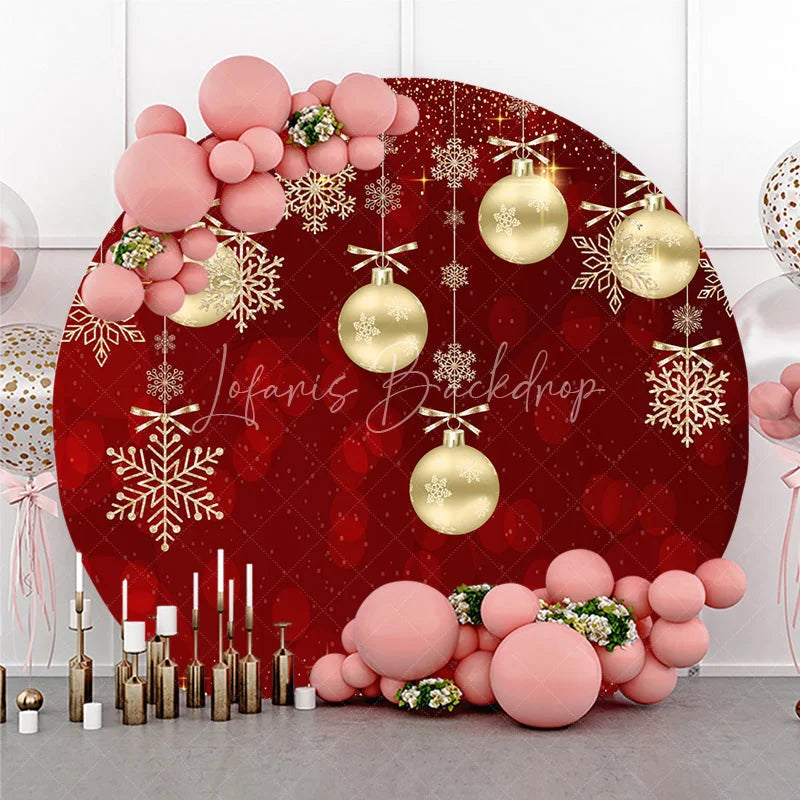 Lofaris Round Backdrop Red Christmas Gold Baubles Winter Xmas Snowflakes Sparkle Circle Cover