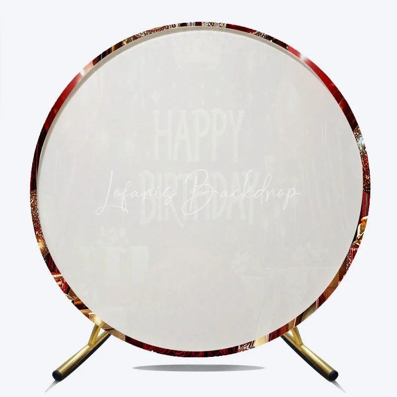Lofaris Round Backdrop Royal Red and Gold Happy Birthday Crown Balloons Rose Party Supplies