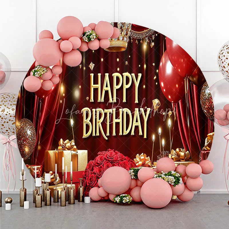 Lofaris Round Backdrop Royal Red and Gold Happy Birthday Crown Balloons Rose Party Supplies
