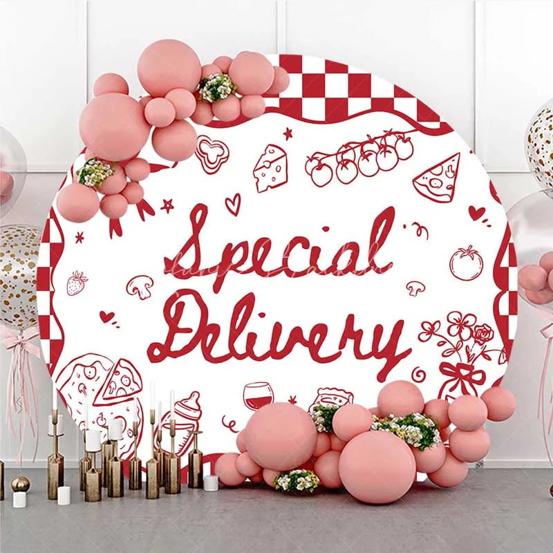 Lofaris Round Backdrop Special Delivery Pizza and Wine Baby Shower Background Red Checkered Food Theme Party Decor